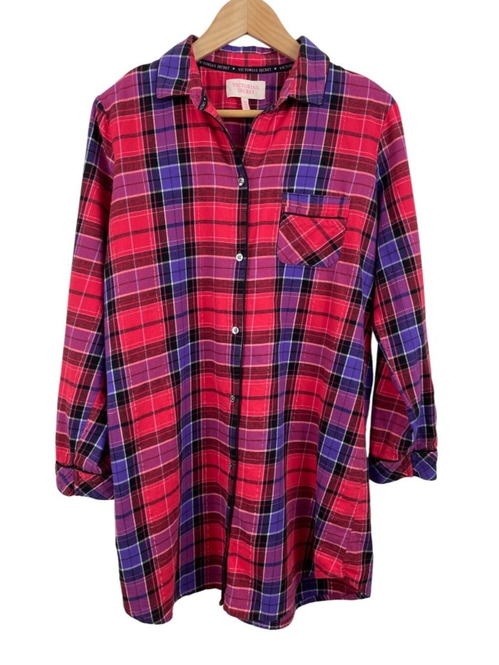 Victorias Secret Womens Plaid Button Down Flannel Shirt Dress Medium Red Purple